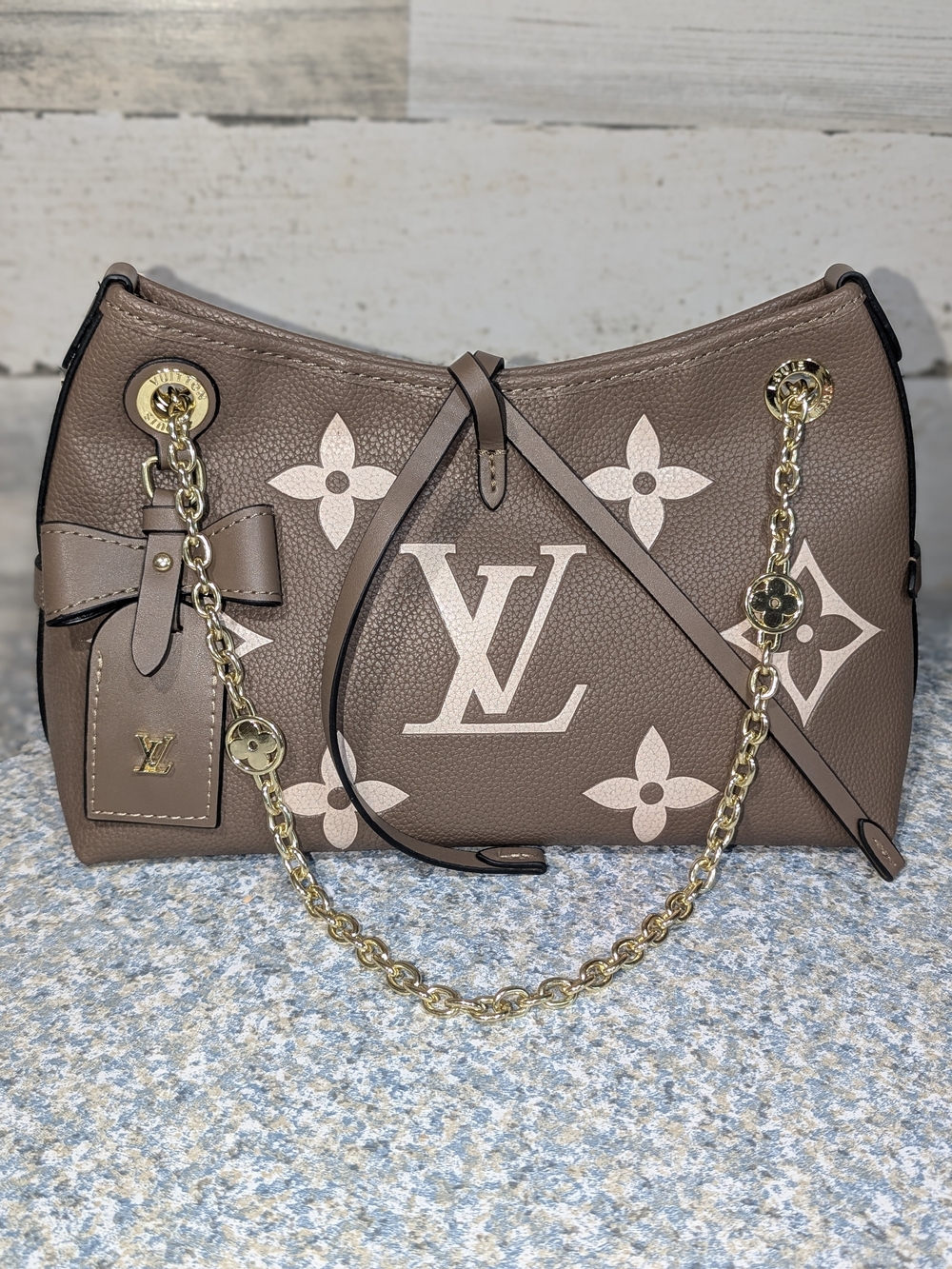 Fashion Inspired Taupe and Cream Monogram Chain Shoulder Bag